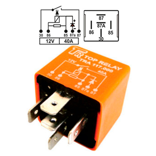 [TRA117000] RELE AUXILIAR 5 PATAS 12V 30/40A CON DIODO Y RESITENCIA PARALELO A LA BOBINA