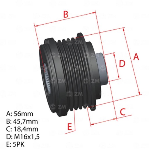 [ZM-96.012.47] Polea Rueda Libre Hyundai I30 I20 Ix35 Kia Sportage Soul Rio Iii Carens Iv 5Pk X 16 252902A000 9601247 5763