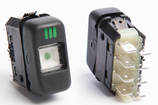 [K-3941004] Interruptor De Tecla Buses Marcopolo 2 Posiciones-Indicador De Posicion-Sin Retorno-Con Tres Indicadores De Nivel De Otra Posicion 8P 24V
